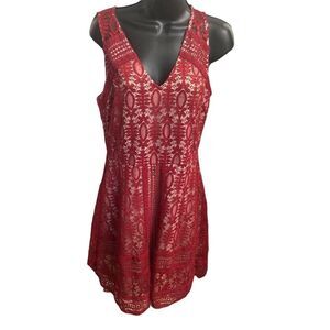 DINA BE, Red&Tan Women’s Lace dress, Size Large, Sleeveless,‎ Mini, Fit& Flare